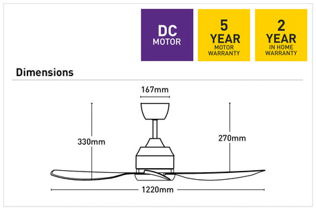 Technical diagram of a Modern DC ceiling fan with 122cm blade span with dimensions and warranty information.