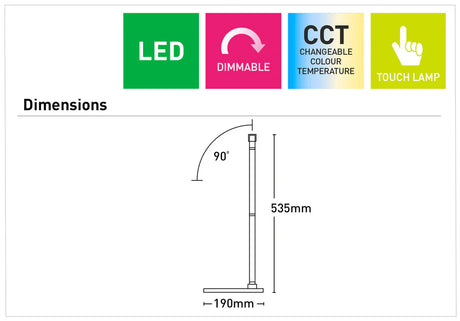 Dimensions of a Energy-efficient Mercator Templestowe task lamp with LED light with features like dimmable, CCT changeable, and touch lamp.