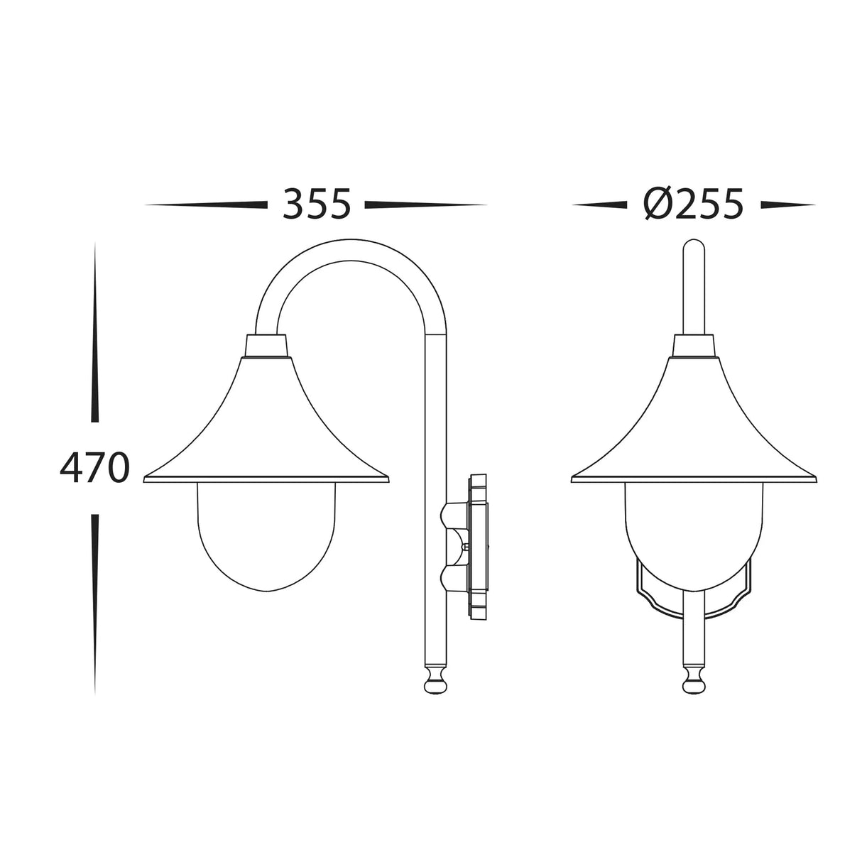 Havit HV3554W-BLK Hove Aluminium Black Coach Wall Light Technical drawing of a wall-mounted light fixture with dimensions.
