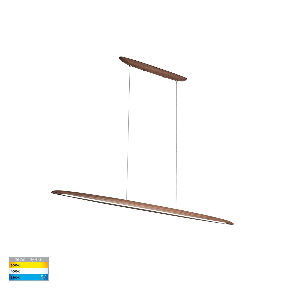 Modern pendant light fixture & Tri‑colour LED linear pendant in walnut timber by Havit, modern ceiling lighting with wooden finish on a white background.