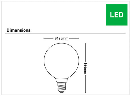 Diagram of a G125 LED bulb by Mercator emitting warm white light with dimensions on a white background