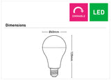 Diagram of a Warm white E27 LED globe – A60 shape by Mercator with dimensions and 'Dimmable' and 'LED' labels.