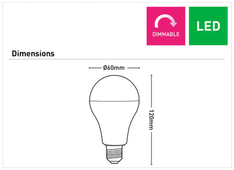 Diagram of a Warm white E27 LED globe – A60 shape by Mercator with dimensions and 'Dimmable' and 'LED' labels.