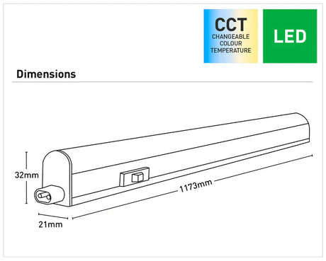 Diagram of a Linkable LED bar light with adjustable color temperature with dimensions and CCT (Changeable Colour Temperature) label.