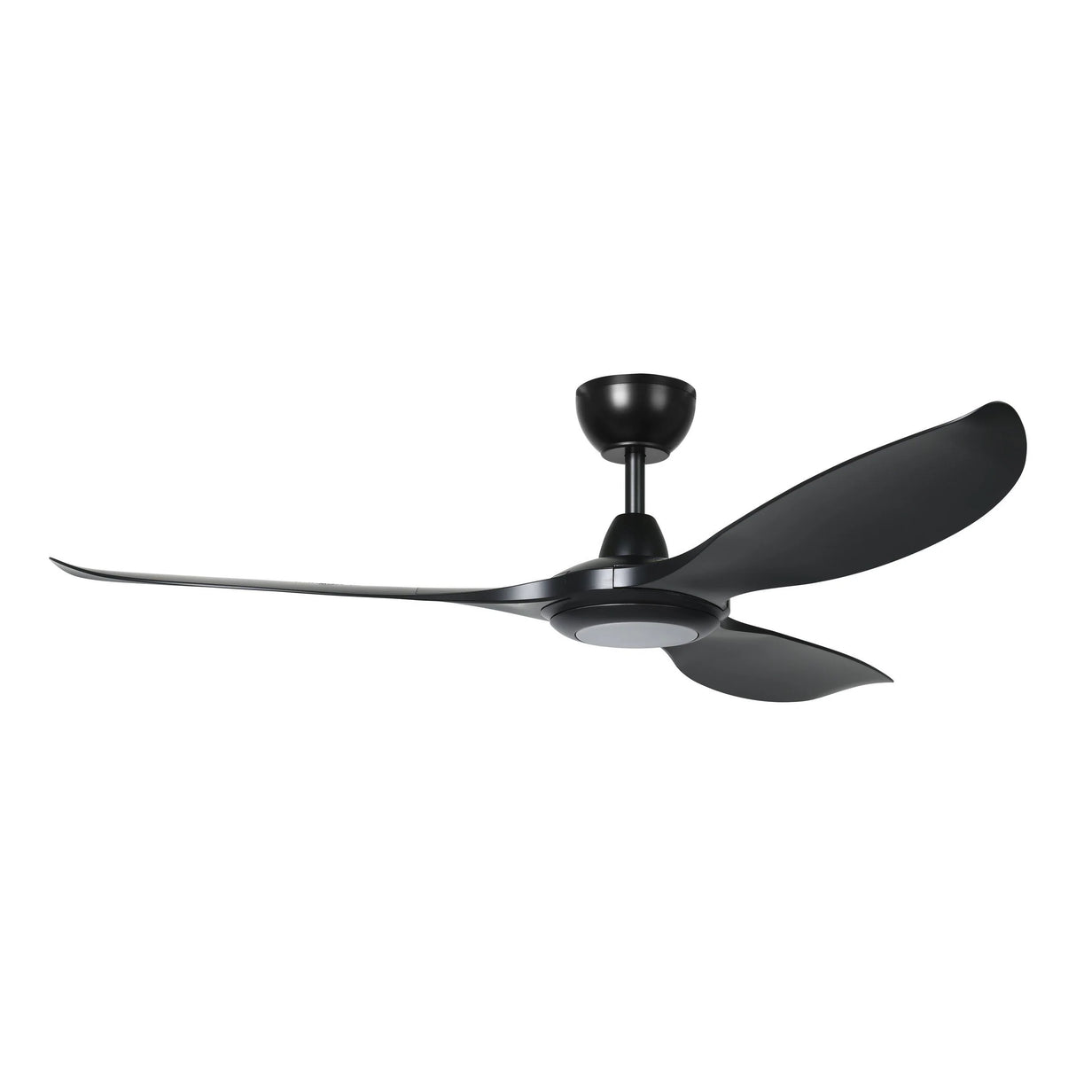 Black Eglo Noosa 52" DC ceiling fan with Blackbutt wood look blades on a white background