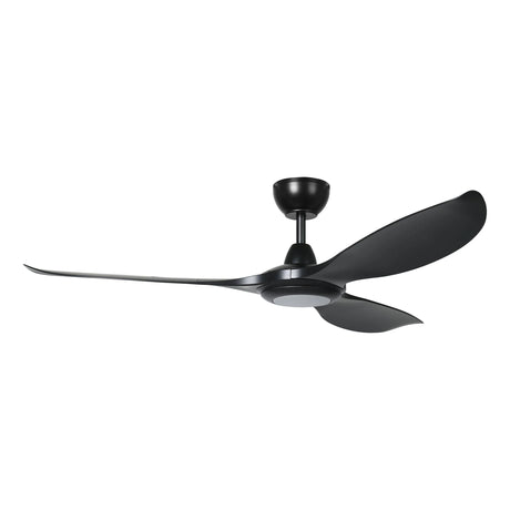 Black Eglo Noosa 52" DC ceiling fan with Blackbutt wood look blades on a white background
