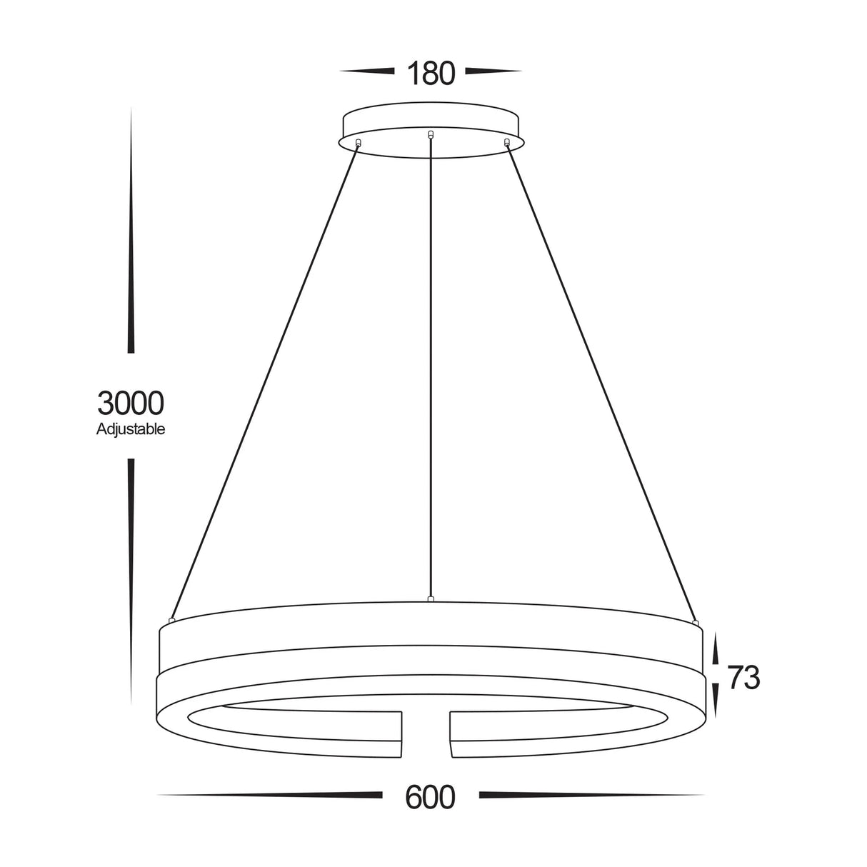 Technical drawing of a black-aluminium-round-pendant-light-600mm with dimensions on a white background.