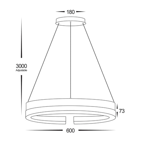 Technical drawing of a black-aluminium-round-pendant-light-600mm with dimensions on a white background.