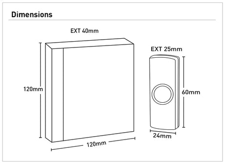 Dimensions of a Reliable Mercator door chime system for home entry on a white background