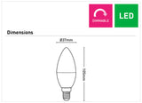 Diagram of a E14 LED candle bulb with 5700K daylight color – Mercator with dimensions and 'Dimmable' and 'LED' indicators.