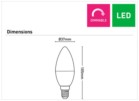 Diagram of a E14 LED candle bulb with 5700K daylight color – Mercator with dimensions and 'Dimmable' and 'LED' indicators.