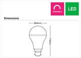 Diagram of a9W B22 LED bulb with A60 shape and 3000K warm white tone  with dimensions and 'Dimmable' and 'LED' labels.