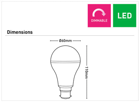 Diagram of a9W B22 LED bulb with A60 shape and 3000K warm white tone  with dimensions and 'Dimmable' and 'LED' labels.