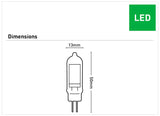Diagram of Energy-Efficient G4 LED Bulb with Warm White Light with dimensions labeled