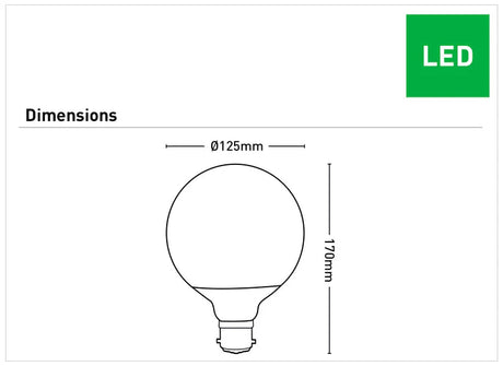 Diagram of a Decorative LED globe bulb G125 with unique dot pattern  with dimensions on a white background