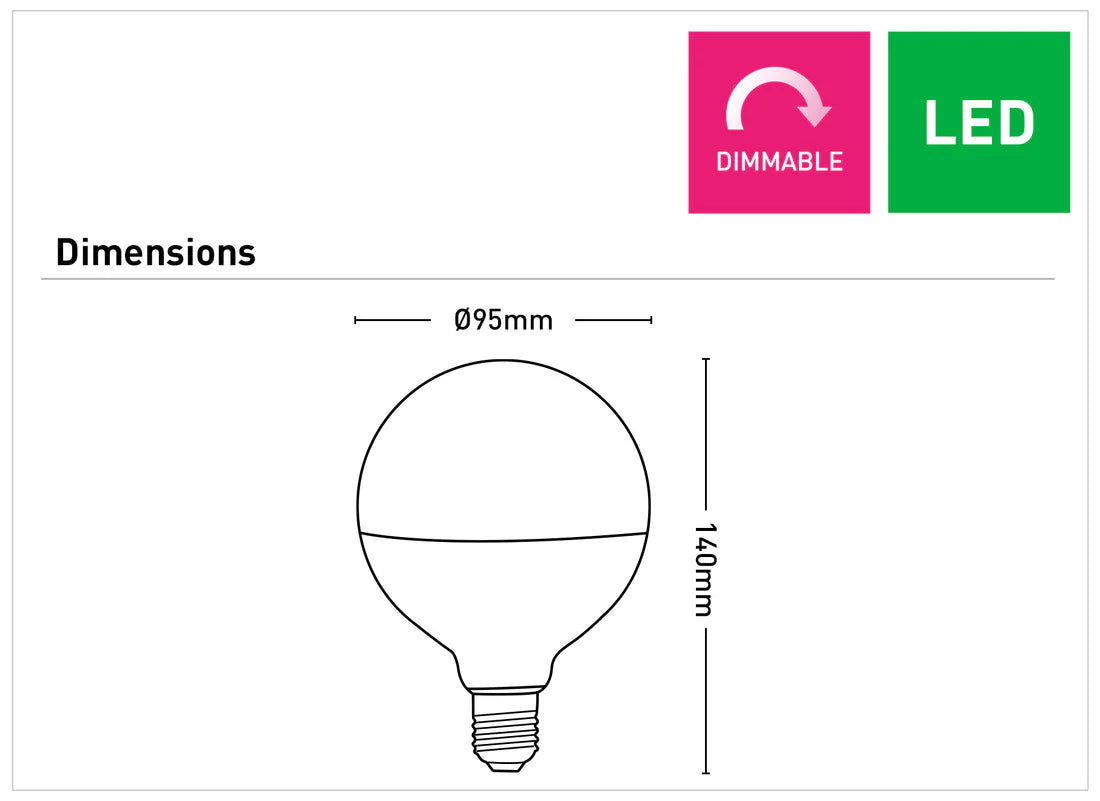 Diagram of a Stylish half chrome G95  and G125 globe bulb with filament design with dimensions and 'Dimmable' and 'LED' indicators.