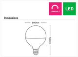 Diagram of a Stylish half chrome G95  and G125 globe bulb with filament design with dimensions and 'Dimmable' and 'LED' indicators.