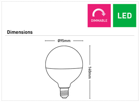 Diagram of a Stylish half chrome G95  and G125 globe bulb with filament design with dimensions and 'Dimmable' and 'LED' indicators.