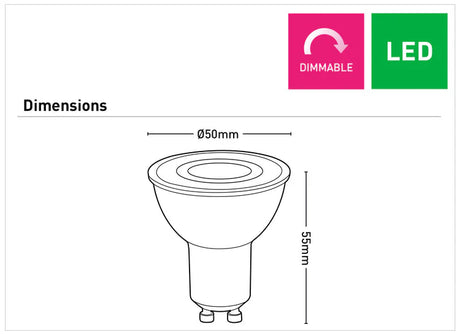 Diagram of a Dimmable GU10 LED spotlight bulb with 60° beam – daylight with dimensions and 'Dimmable' and 'LED' indicators.