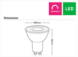 Energy-efficient GU10 dimmable LED spotlight – Mercator dimensions diagram with size measurements.