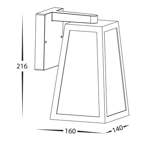 Havit HV3672W‑BLK black aluminium wall light line drawing of a rectangular wall-mounted light fixture with dimensions.