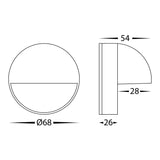 Technical drawing of a Outdoor step light available in 12V and 240V options