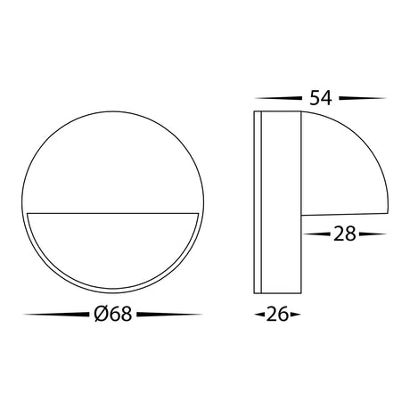 Technical drawing of a Outdoor step light available in 12V and 240V options