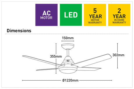 Energy-efficient AC ceiling fan with LED lighting for indoor spaces dimensions with warranty information on a white background