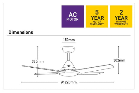 Ceiling fan dimensions with warranty information on a white background