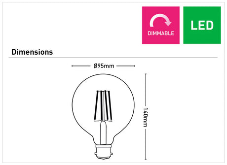 Diagram of a Vintage Style G95 LED Globe with B22 Base – Mercator with dimensions and 'Dimmable' and 'LED' indicators.