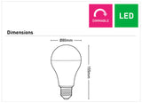 Diagram of a 15W Dimmable E27 LED Globe – Mercator MGL040DE-D with dimensions and 'Dimmable' and 'LED' labels.