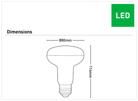 Diagram of a Energy-efficient Mercator R80 LED bulb with warm glow with dimensions on a white background