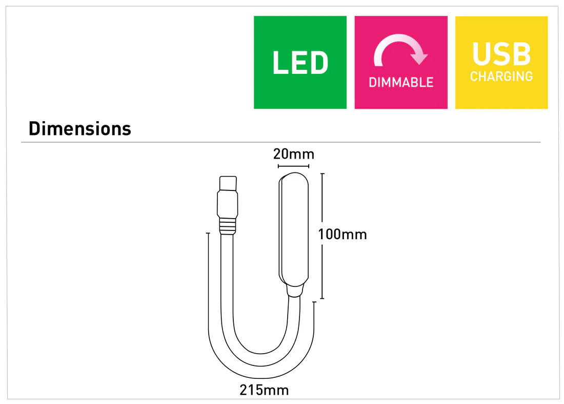 Diagram of a USB-Powered Slater LED Desk Lamp by Mercator with dimensions and features labeled on a white background