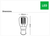 Diagram of an LED light bulb Mercator ST26 B15 filament LED globe with dimensions labeled