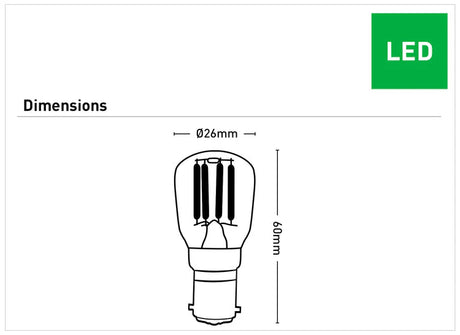 Diagram of an LED light bulb Mercator ST26 B15 filament LED globe with dimensions labeled