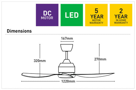 Technical diagram of a Jota S 122cm DC motor ceiling fan with integrated LED with dimensions and warranty information.