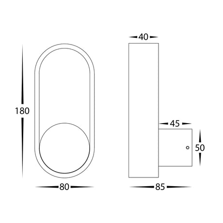 Technical drawing of Modern white LED wall sconce for interior spaces with dimension.