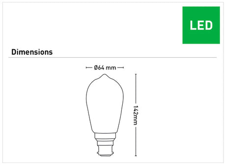 Diagram of a Retro-style ST64 LED globe with B22 base – Mercator with dimensions on a white background