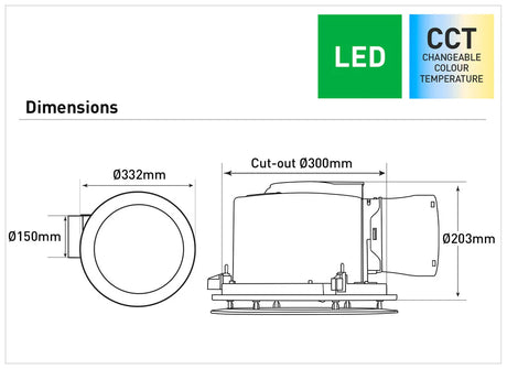Technical drawing of a Energy-efficient Mercator exhaust fan with DC motor and LED with dimensions and CCT (Changeable Colour Temperature) label.