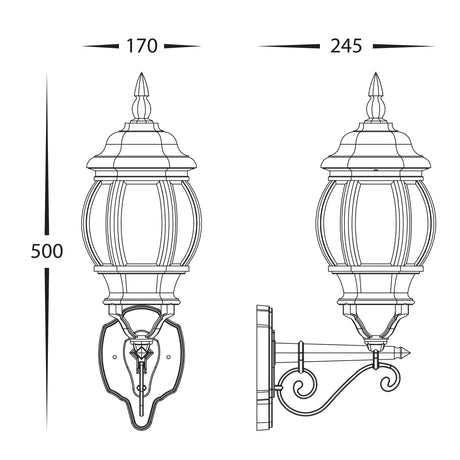 Technical drawing of HV3673W stylish wall-mounted lanterns with  black finish dimensions on a white background.