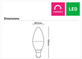 Diagram of a Decorative B15 LED Candle Bulb – 3000K by Mercator with dimensions and 'Dimmable' and 'LED' indicators.