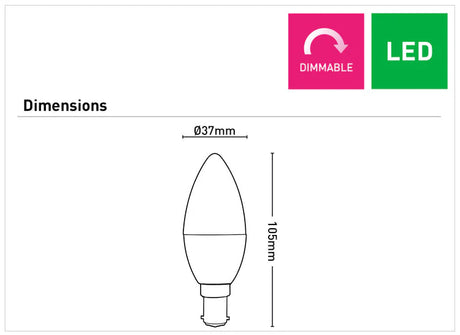 Diagram of a Decorative B15 LED Candle Bulb – 3000K by Mercator with dimensions and 'Dimmable' and 'LED' indicators.