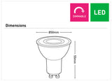 Diagram of a Energy-efficient dim60D GU10 LED bulb in warm white with dimensions and 'Dimmable' and 'LED' indicators.