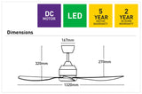 Technical diagram of a Energy-efficient 132cm DC ceiling fan by Mercator with dimensions and warranty information.
