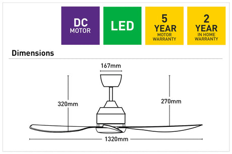 Technical diagram of a Energy-efficient 132cm DC ceiling fan by Mercator with dimensions and warranty information.