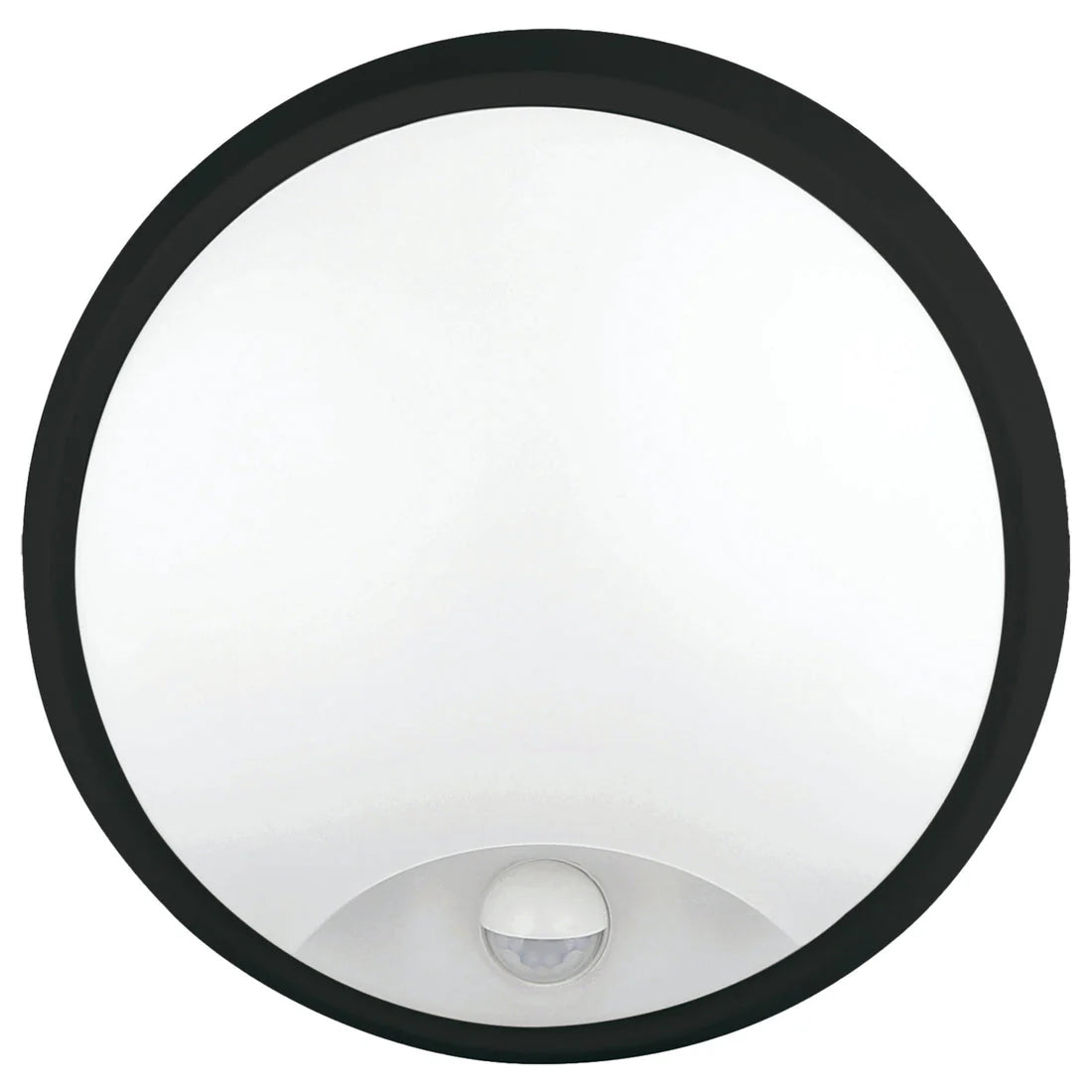 Round black Weatherproof round LED bulkhead light with selectable CCT  and white lens on a white background