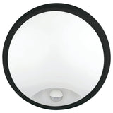 Round black Weatherproof round LED bulkhead light with selectable CCT  and white lens on a white background