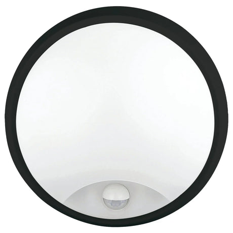 Round black Weatherproof round LED bulkhead light with selectable CCT  and white lens on a white background