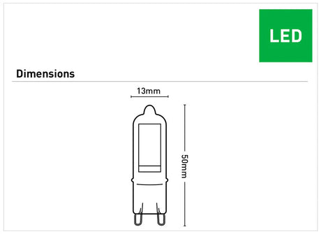 Diagram of a G9 LED capsule bulb with cool white light – Mercator with dimensions on a white background