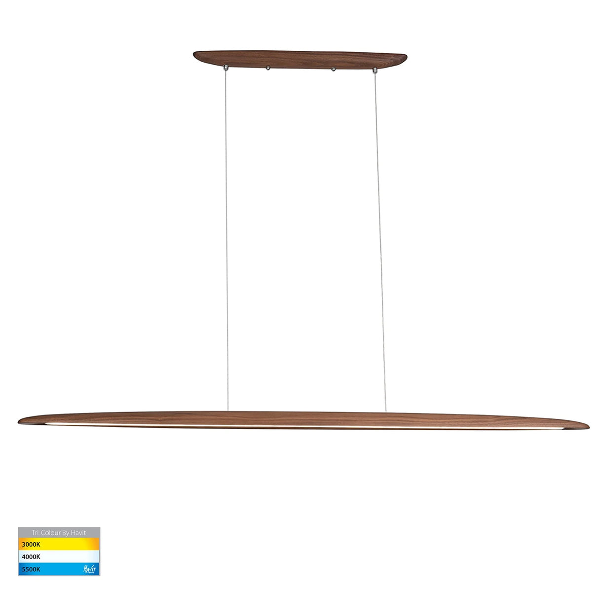 Wooden and ambient lighting from Havit HV6012T linear pendant at dusk in living space pendant light fixture on a white background.
